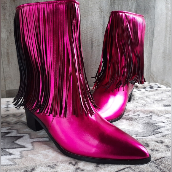 NIB 💖Chase and Chloe Metallic Sz 7.5 Malena Fringe Boots Pink Barbiecore - Picture 6 of 8